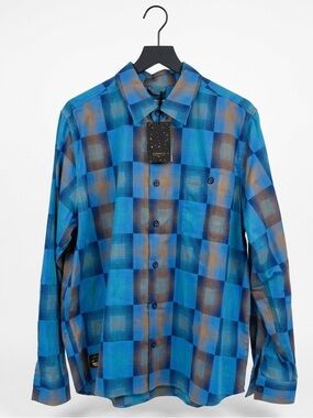 Percival NWT Razzle Check Long Sleeve Shirt XL Blue Multi Organic Cotton Plaid
